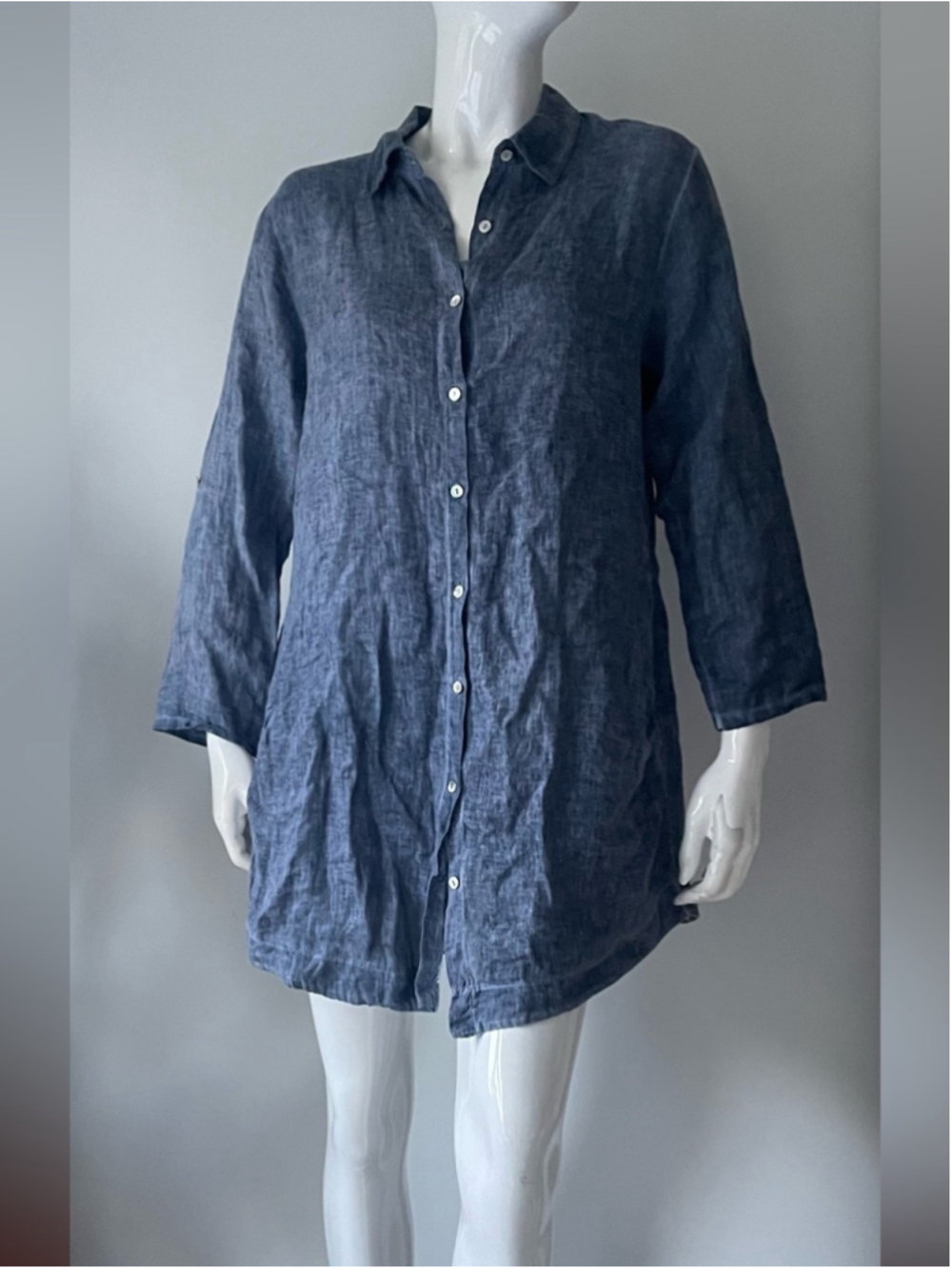 Eye of the Needle Blue Linen Button Front Tunic Shirt Dress Coastal Minimalist - Picture 3 of 8